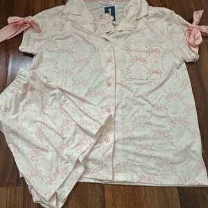 Envogue Valentine’s Day 2 Piece Short Pajama Set with Pink Bows Size Large